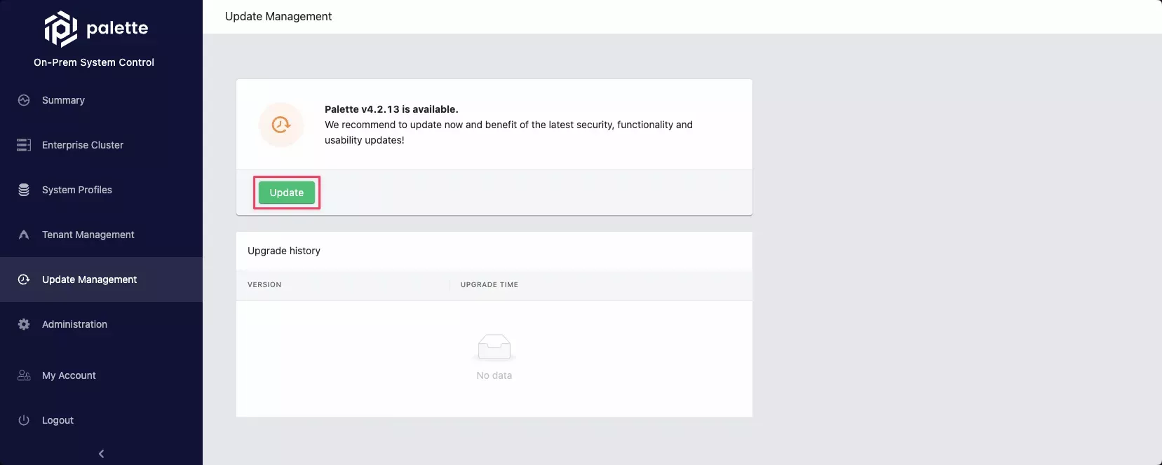 Self-hosted Palette system console with Update Management open and the Update button highlighted.