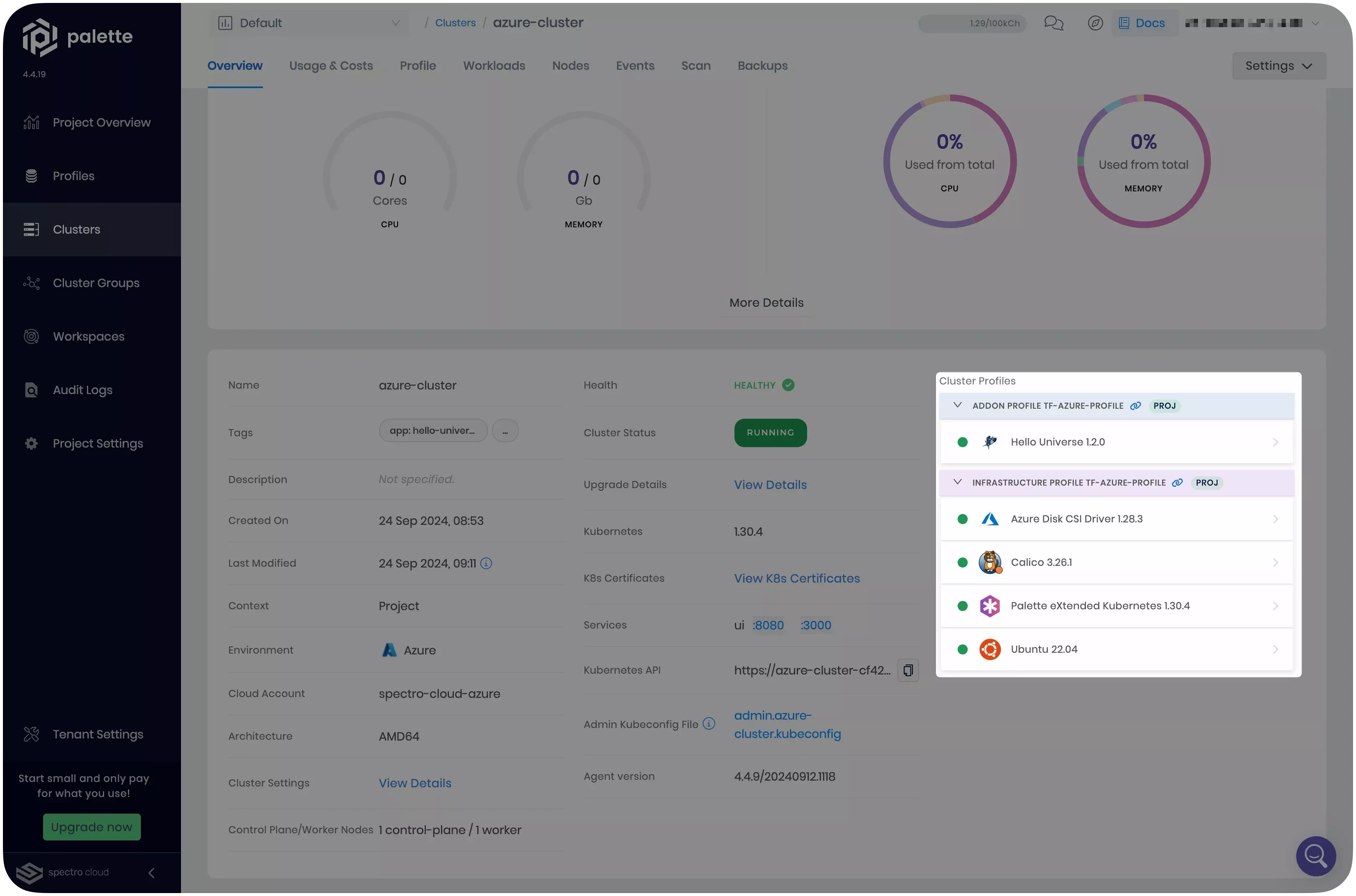 Image that shows the cluster using version 1.0.0 of the cluster profile