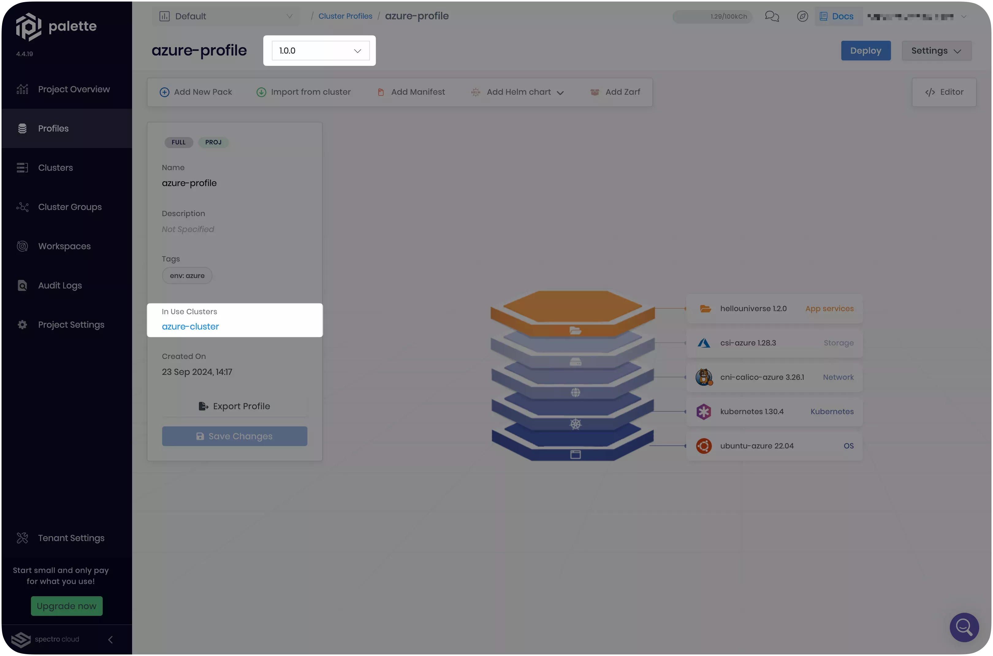 Image that shows the frontend cluster profile with cluster linked to it