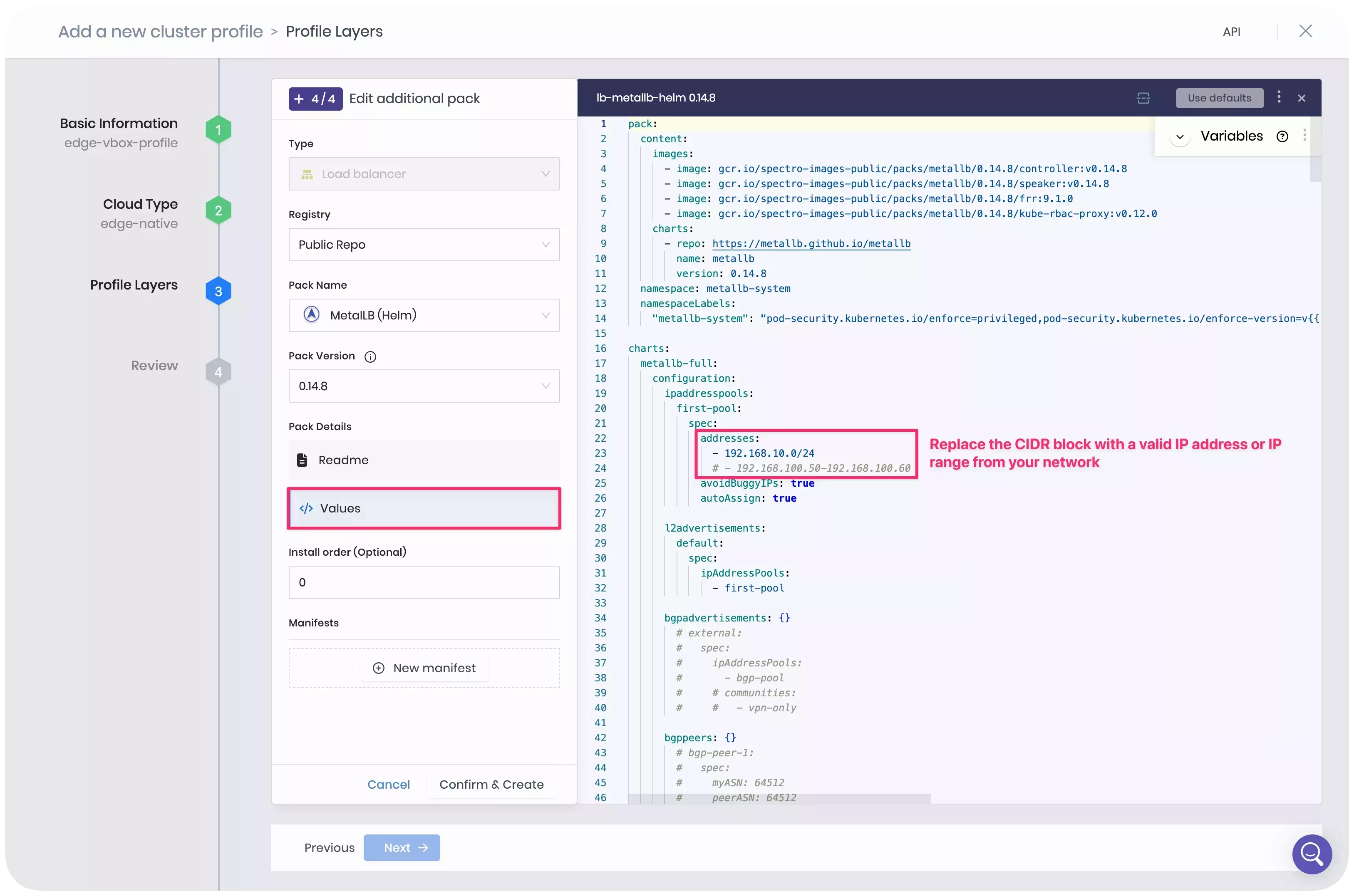 A screenshot of the cluster profile creation step with the MetalLB layer.